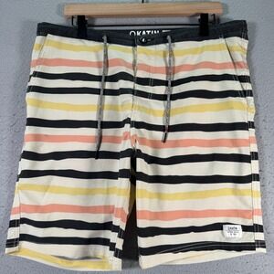 Katin Americas Board Shorts Mens 34 Beige Retro Stripes Loud Surf Beach Swimwear